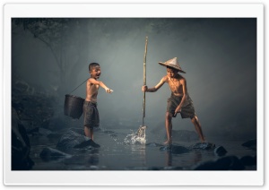 Boy Catching Fish with a Spear