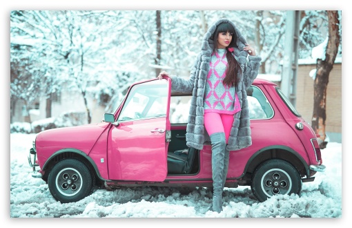Download Beautiful Girl, Winter, Pink Retro Small Car UltraHD Wallpaper