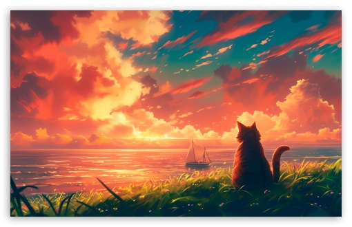 Download Cat, Sunset UltraHD Wallpaper