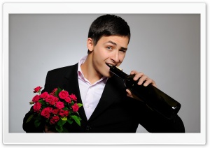 Man With Flowers And Wine Bottle