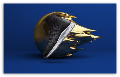 Download Cool Shoe Design, Golden Ball, Blue Background UltraHD Wallpaper