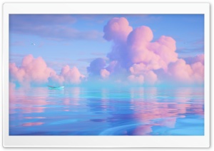 Boat, Blue Sea, Pink Clouds