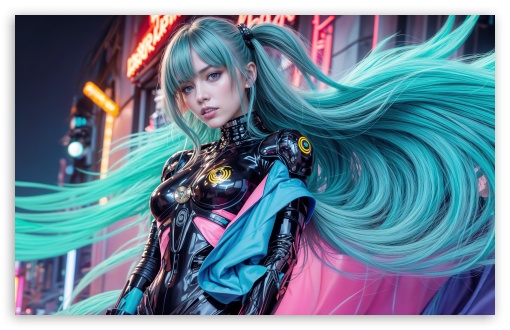 Download Beautiful Cyborg Girl with Blue Hair Digital Art UltraHD Wallpaper