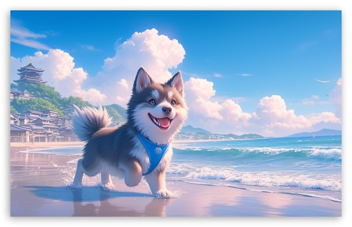 Download Cute Puppy, Beach UltraHD Wallpaper
