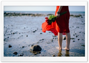 Red Dress, Bare Feet in Water