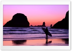Surfer At Sunset Cannon Beach...