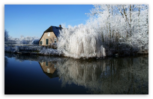 Download Farmhouse And Frosty Trees UltraHD Wallpaper