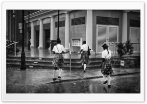 Schoolgirls Running in the Rain