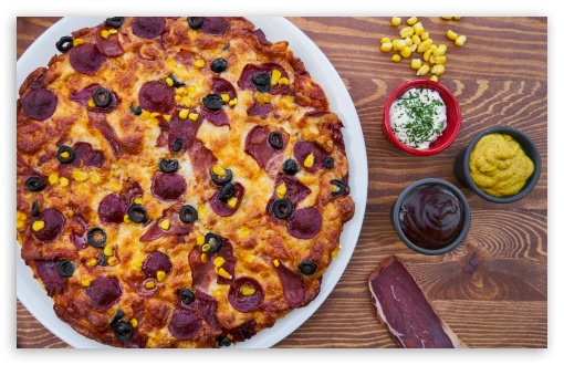 Download Homemade Salami Pizza UltraHD Wallpaper