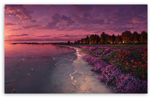 Download Sea, Shore, Flowers, Sunset, Illustration UltraHD Wallpaper