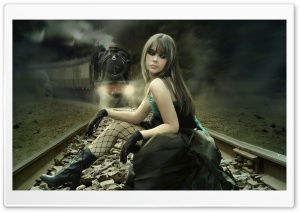 Girl On Rail Tracks Painting