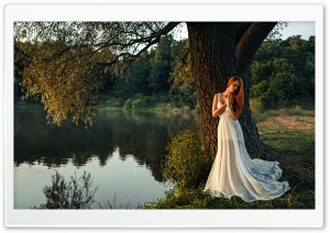 Redhead Girl, Lake, Tree, Nature