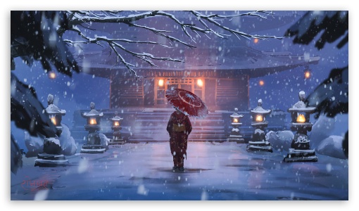 Download Falling Snow Night Art UltraHD Wallpaper
