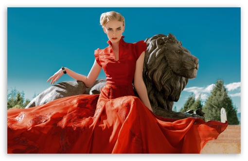 Download A Woman in a Red Dress, Lion Statue UltraHD Wallpaper
