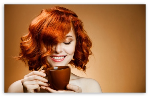 Download Red Haired Woman Drinking Coffee UltraHD Wallpaper