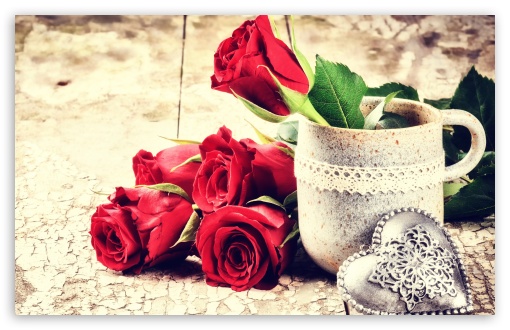 Download Love, Fresh Cut Red Roses, antique table UltraHD Wallpaper