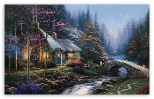Download Forest Cottage Spring Painting UltraHD Wallpaper