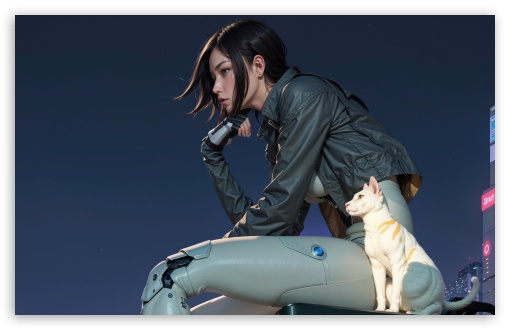 Download Cyborg Girl and Cat SciFi UltraHD Wallpaper