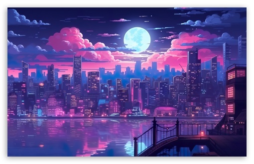 Download City Illustration, Night, Full Moon,... UltraHD Wallpaper