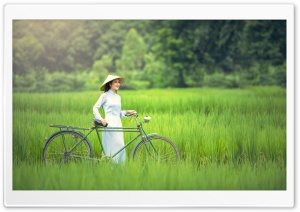 Girl, Bicycle, Rice Field...