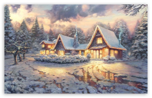 Download Christmas Lodge by Thomas Kinkade UltraHD Wallpaper