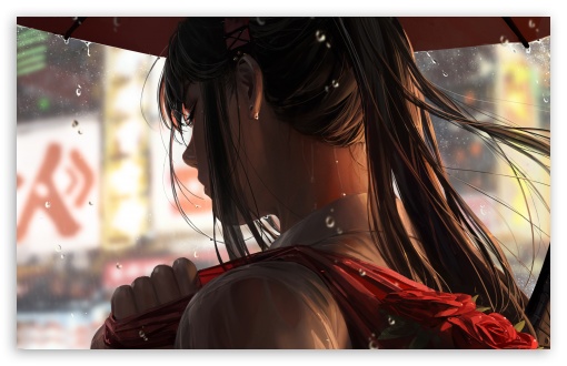 Download Through The Rain Anime Girl Walk UltraHD Wallpaper