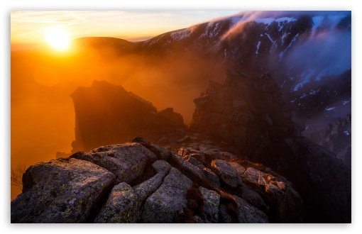 Download Winter Sunrise Mountain Rocks Fog UltraHD Wallpaper