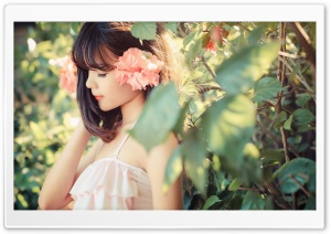 Asian Girl, Flower, Leaves