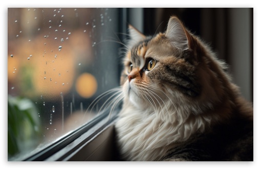 Download Cute Fluffy Cat Looking out the Window UltraHD Wallpaper