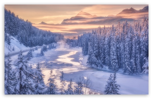 Download Nature Winter Scenery, Mountain, River, Forest UltraHD Wallpaper