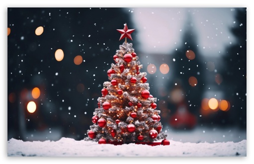 Download Christmas Tree Outdoors, Snowing, Bokeh UltraHD Wallpaper