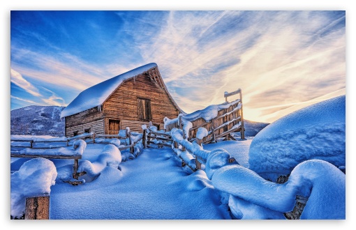 Download Snowy Cabin, Mountains, Winter UltraHD Wallpaper